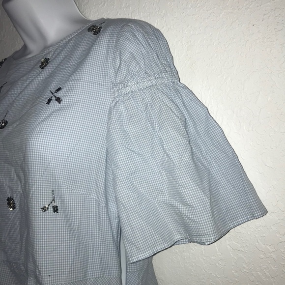 H&M Gingham Sequin Beaded Peplum Top 10 Blue - Picture 4 of 5